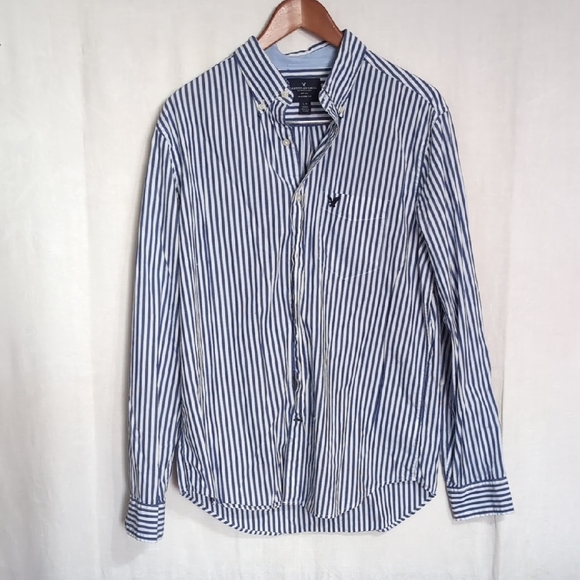 American Eagle Classic Fit Blue White Striped Long Sleeve Button Up Size Large - Picture 1 of 5